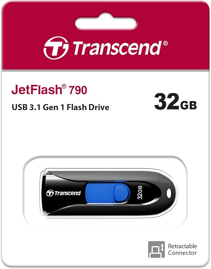 Transcend JF790 32GB USB Flash Drive, for PC/Mac/Laptop/Windows/Computer/ Desktop/TV/Car Audio, USB3.2 Gen1 Memory Stick, Thumb Drives Data Storage w/ Retractable Connector, USB2.0/3.0/3.1 Compatible