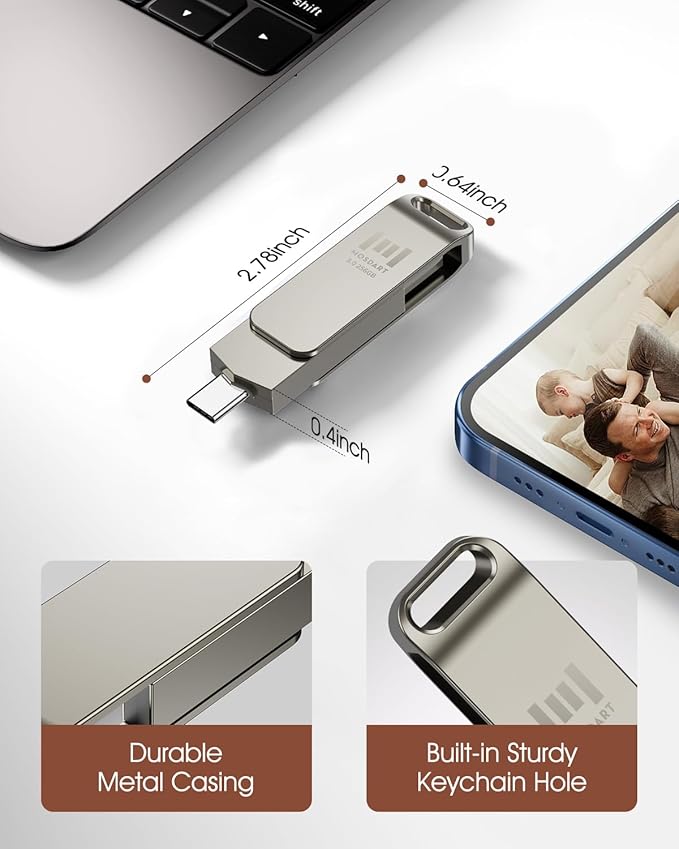 MOSDART 256GB USB C 3.2 Fast Speed C and A Dual Flash Drive, exFAT Memory Stick with Keychain Loop, for iPhone 15,16,17, Android Phone, iPad, MacBook, Silver