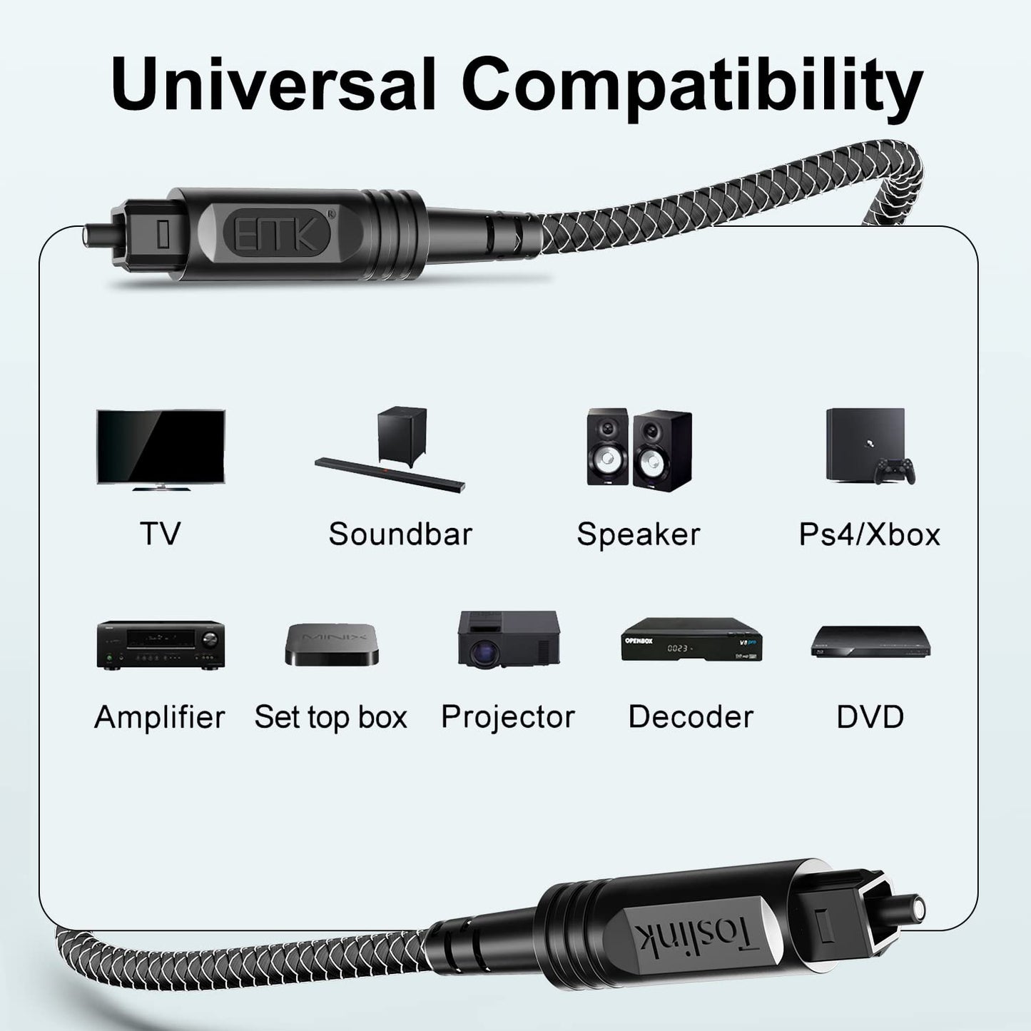 EMK Digital Optical Audio Cable [8 Feet/2.4M] - Slim Nylon Braided Toslink Fiber Optic Cable for Sound Bar, TV, Home Theater, PS4, Xbox, Blu-Ray Player & More - High-Speed SPDIF (Black1)