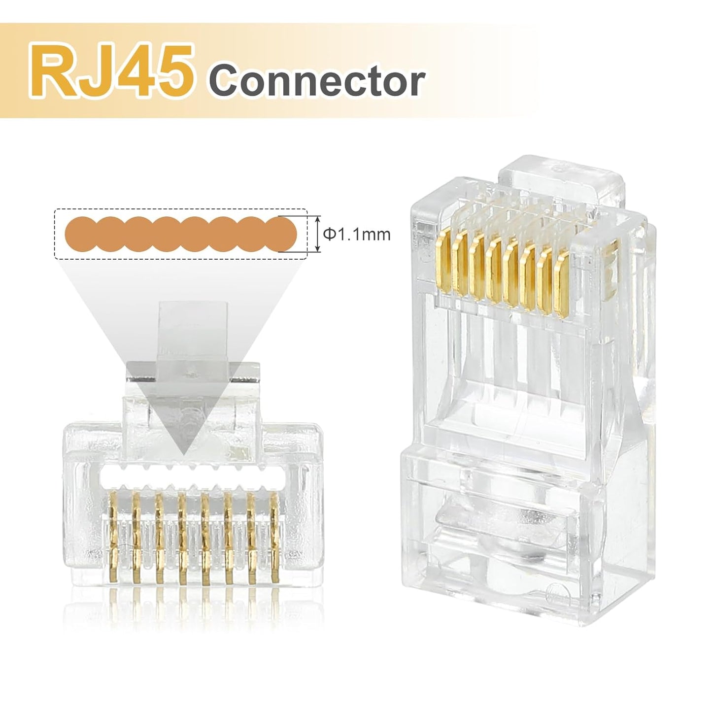 MECCANIXITY 60pcs Cat6 RJ45 Pass Through Connectors, RJ45 Connector 8P8C Gold Plated Plugs with 60pcs Yellow Strain Relief Boots for Solid or Stranded UTP Ethernet Cable, 1.1mm