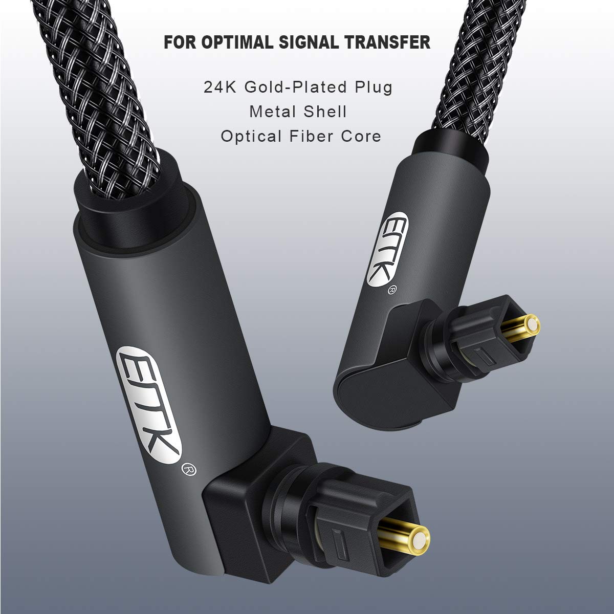 EMK 【Upgraded】 Double 90 Degree Optical Audio Cable Free-Rotating Toslink Plug Nylon Braided S/PDIF Digital Right Angle Optical Male to Male Cable for Home Theater,Sound Bar,TV(10ft/3m)