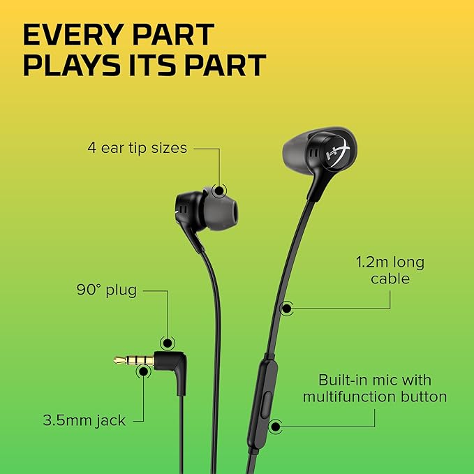 HyperX Cloud Earbuds II – 14mm Drivers, Four Eartips, Hard-Shell Carrying Case, Low-Profile 90° Plug, 3.5mm Plug, Built-in Microphone, Multi-Function Button, PC, Mobile, Nintendo Switch – Black