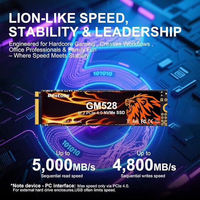 1TB M.2 SSD NVMe PCIe 2280 Internal Solid State Hard Drive, Up to 5000 MB/s, 3D NAND SLC Cache, SSD for Gaming PC Storage, Business Laptop, Home Entertainment, Creative Workflow GM528
