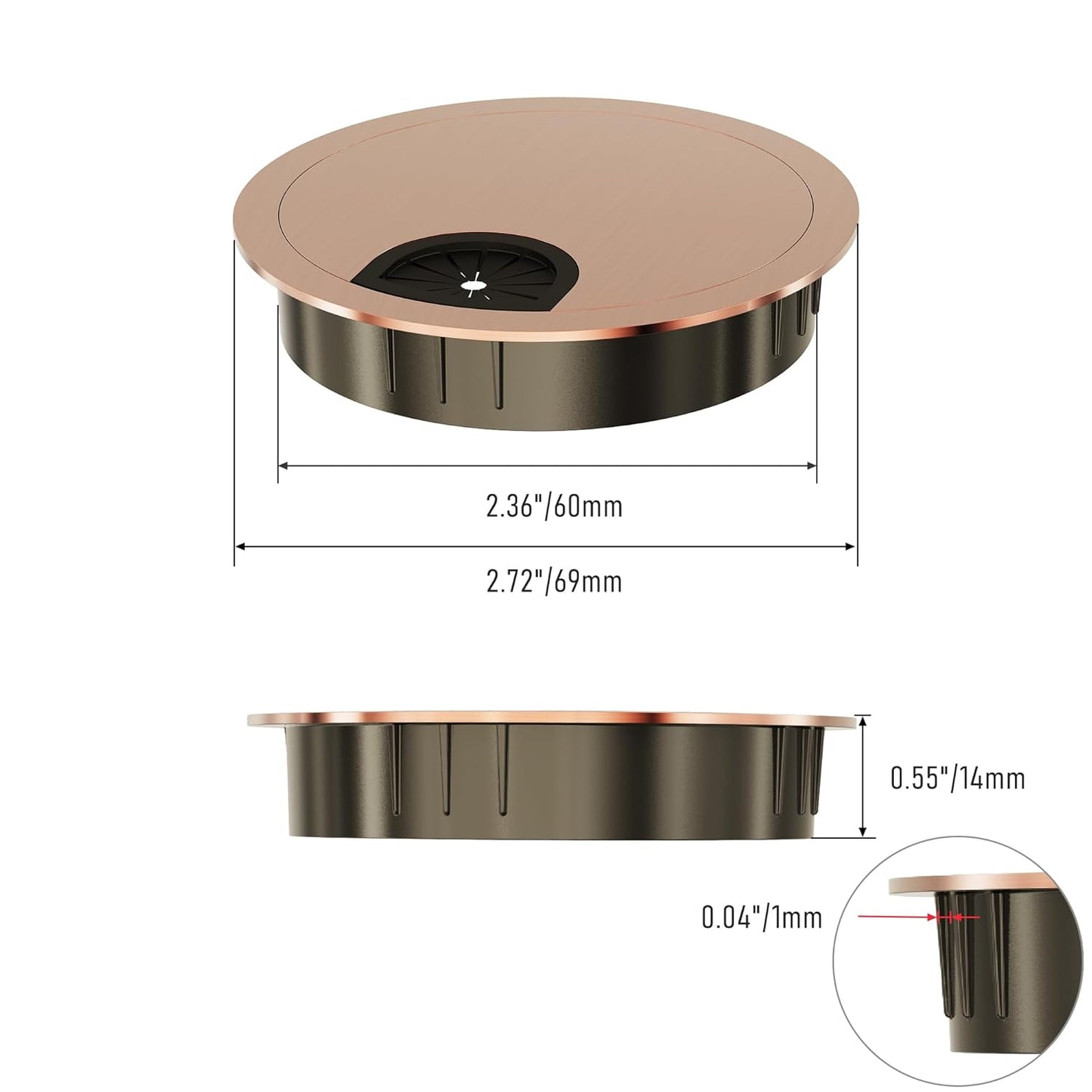 Desk Grommet 2-3/8 Inch 60mm, Zinc Alloy Computer Desk Wire Hole Cover, Office Desktop Cord Cable Hole Metal Ring, Red Bronze