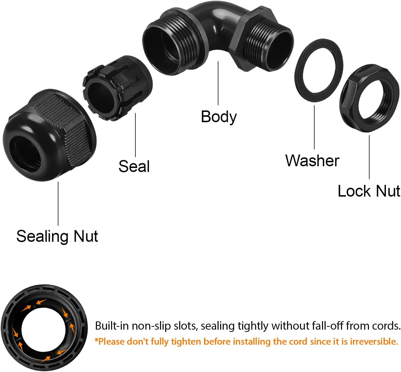 LeMotech M40 Cable Gland, 90 Degree Adjustable 26-33mm Cable Range Strain Relief, Cord Connectors Nylon Joints with Gaskets, 2 Pcs, Black