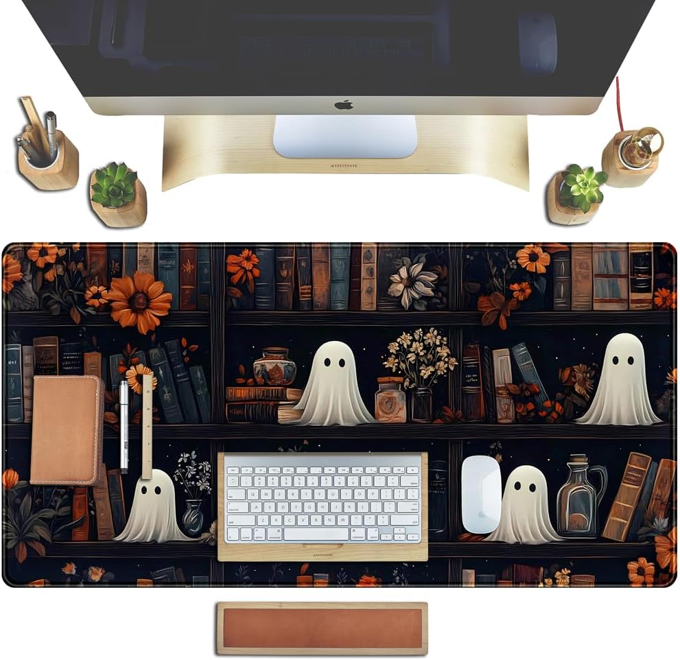Cute Ghost Desk Mat Dark Vintage Large Mouse Pad Gaming Black Mouse Pad XXL Large Gaming Mousepad Desk Mat for Desktop Office Computer Laptop Keyboard and Mouse Mat - 31.5 X 15.7 in Desktop Protector