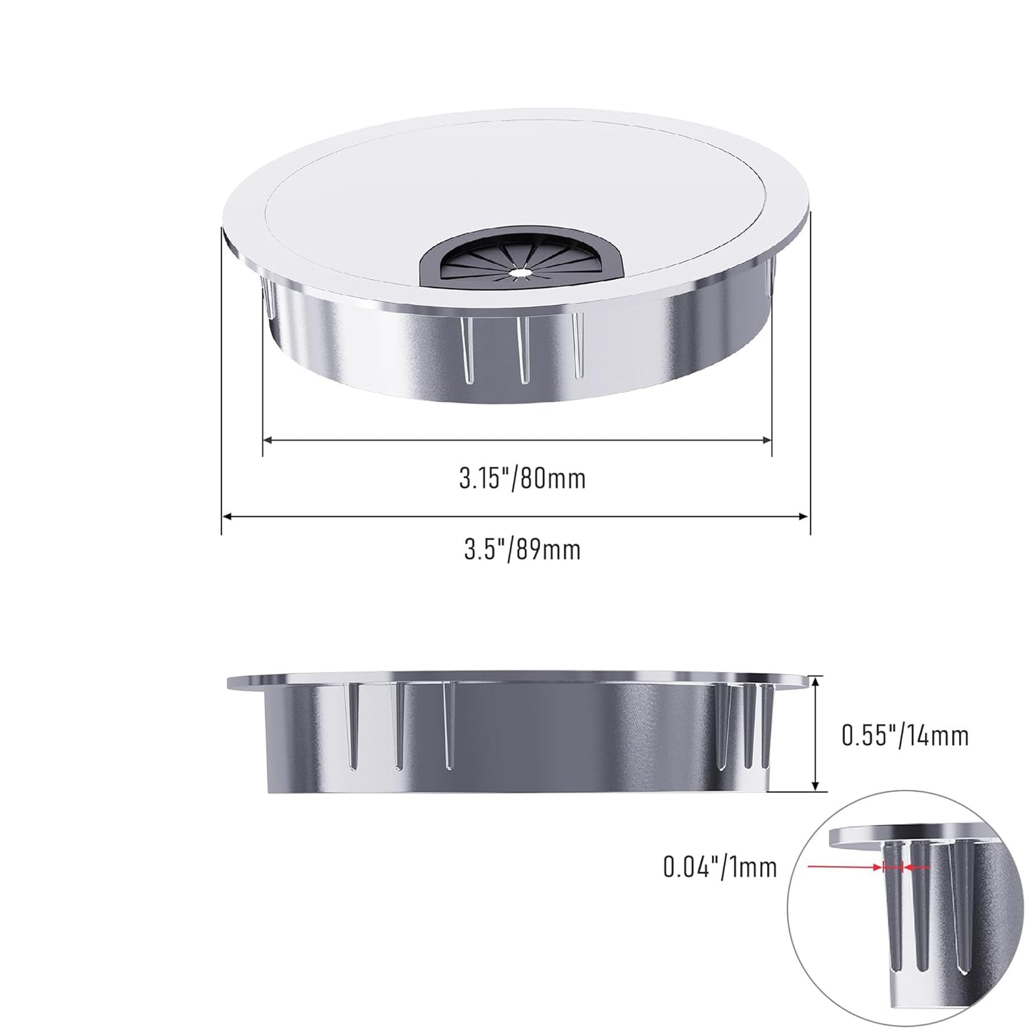 2 Pack Desk Grommet 3-1/8 Inch 80mm, Zinc Alloy Computer Desk Wire Hole Cover, Office Desktop Cord Cable Hole Metal Ring, Bright Silver