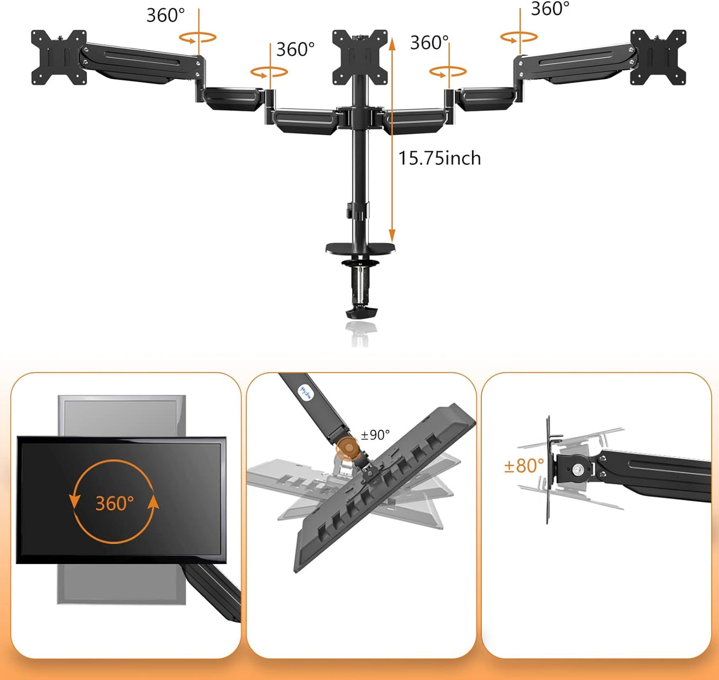 Pholiten Triple Monitor Desk Mount,Triple Gas Spring Monitor Arm for 17-32 inch LCD Computer Screens,Holds up to 22lb,Swivel, Tilt, Rotation, Clamp & Grommet Kit