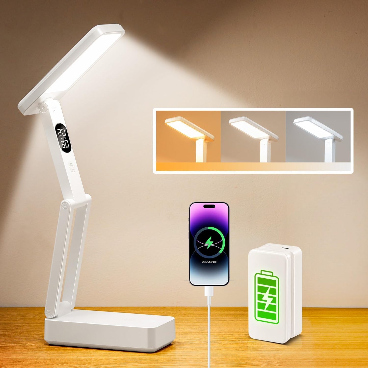Small Desk Lamp,10000mAh Battery Operated Lamp,3 Colors+Dimmable Desk Light,LED Desk Lamp with USB Charging Port+Digital Clock+45min-Timer,Wireless & Portable Light,Desk Lamps for Home Office,Craft