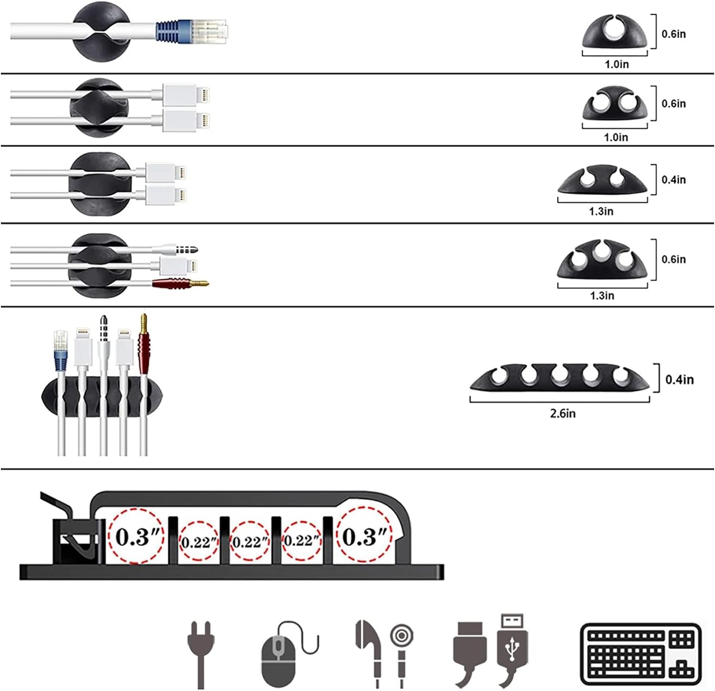 ELII 300PCS Cable Management Kit,4 Cable Sleeve 35 Cable Clips with 11Cord Holders,20 Roll Cable Organizer Straps and 200 Fastening Cable Ties,20 Cable Zip Tie Mounts for Computer TV Under Desk