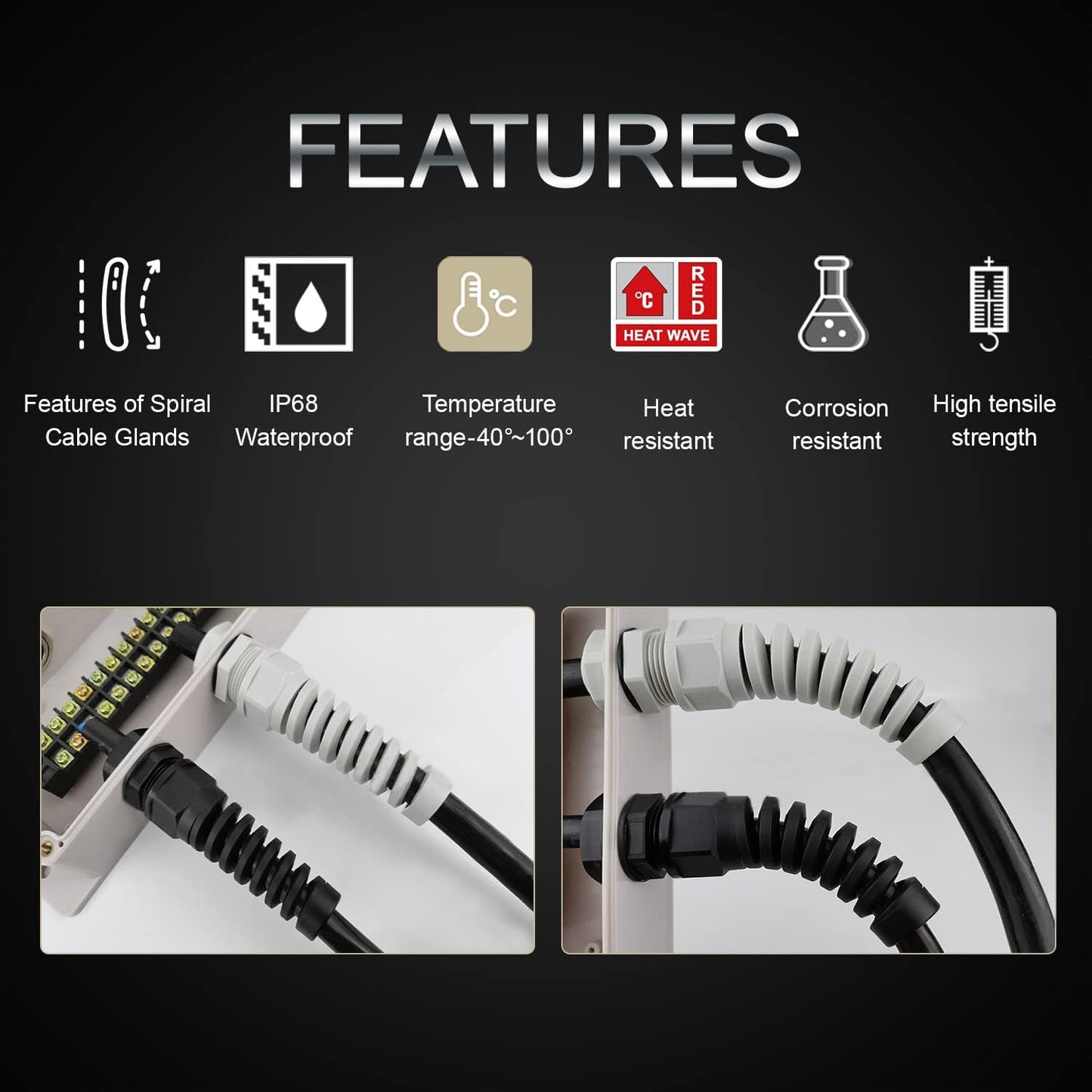 LeMotech 50Pcs NPT 1/2" IP68 Waterproof Cable Gland Flex Spiral Strain Relief Black Nylon Joint with Gaskets for 6-12mm Wire Thread