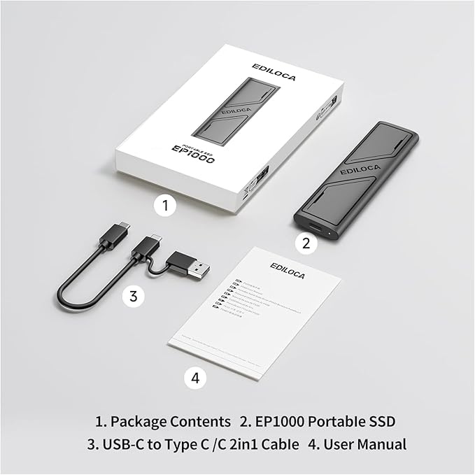 EP1000 External Hard Drive 2TB,Portable Ssd,External Solid State Drives Up to 1000MB/s Read, Storage Expansion, Compatible w/USB-C Smartphones, PC, Mac, Tablets, Sleek & Sturdy Design