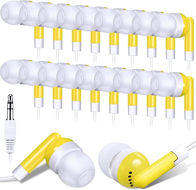 Konohan 100 Pcs Bulk Earbuds with Wire Basic Headphones in Ear for Libraries Laptop, No Microphone 3.5 mm Jack Earbuds Dot Headphones, Individually Bagged (Yellow)