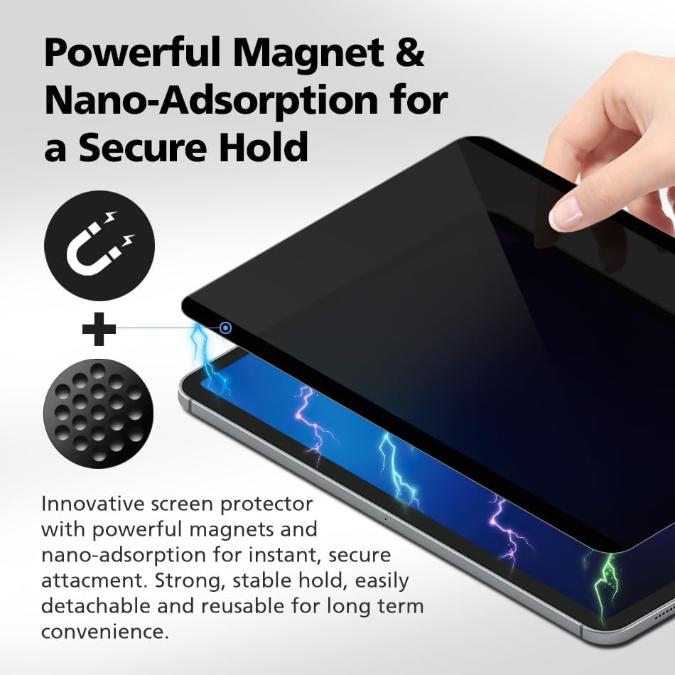 360° 4-Way Magnetic & Nano Adsorption Privacy Screen Protector for iPad Pro 11 Inch M4 2024 | Detachable, Anti-Spy, Anti-Fingerprint | Works in Both Landscape & Portrait Modes