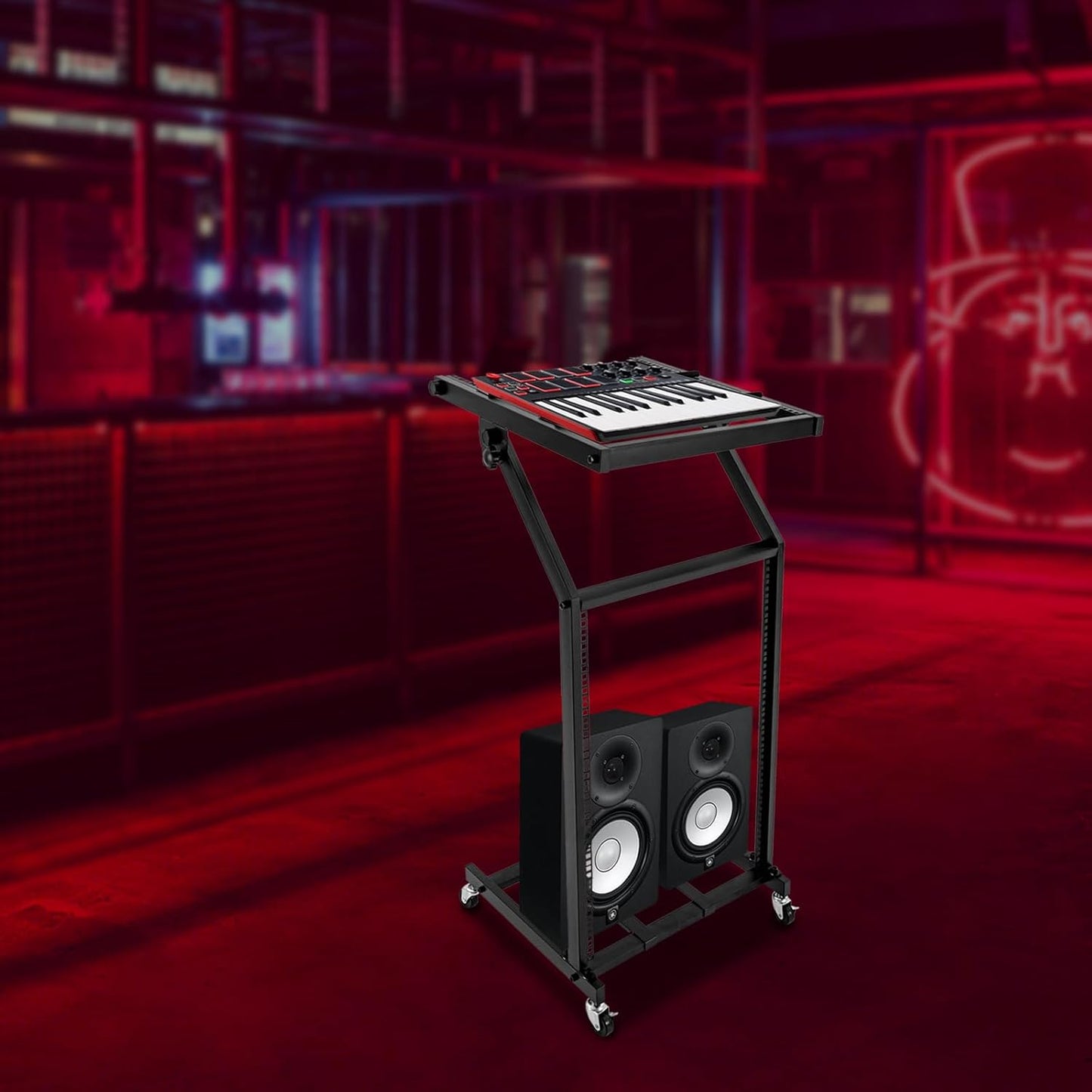 16U Professional DJ Stand Rack Mount DJ Mixer Stand Adjustable Stage Cart w/Wheel for Music Party Show Music Studios Performance Stages Concert Venues