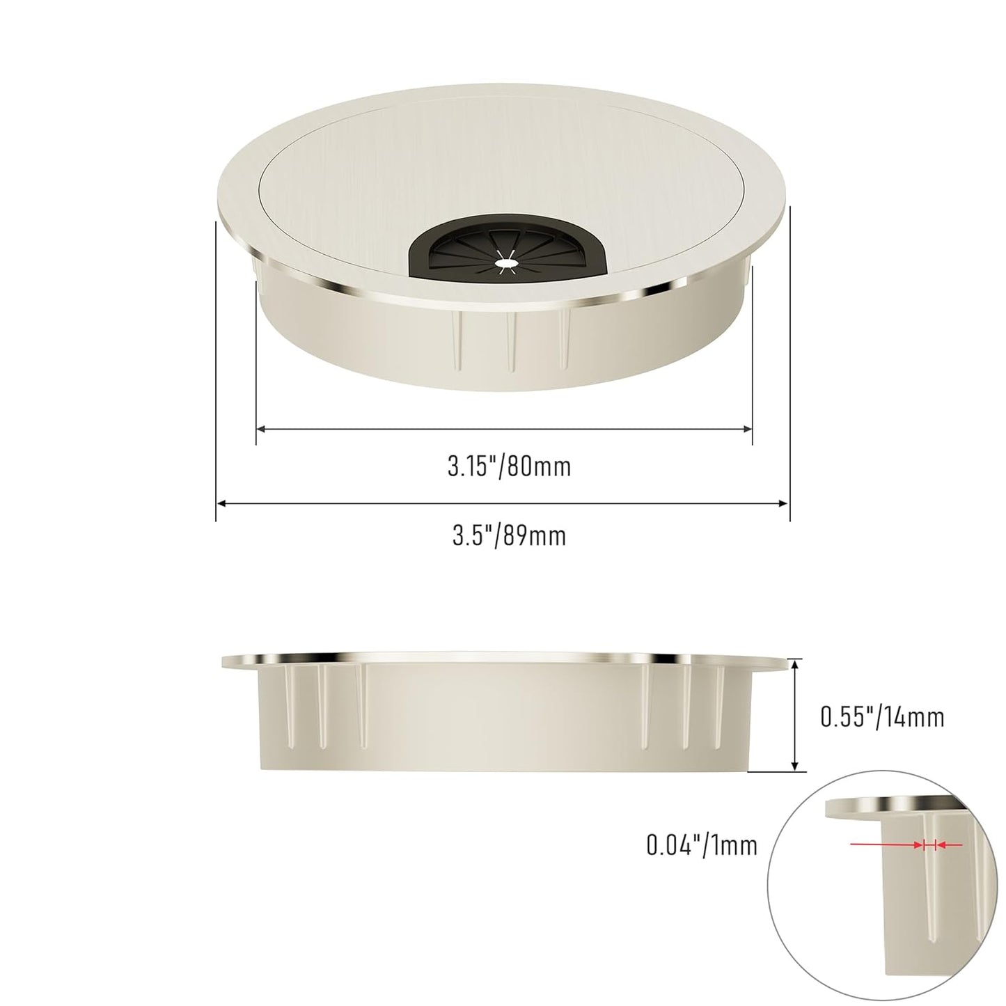 2 Pack Desk Grommet 3-1/8 Inch 80mm, Zinc Alloy Computer Desk Wire Hole Cover, Office Desktop Cord Cable Hole Metal Ring, Brushed Silver