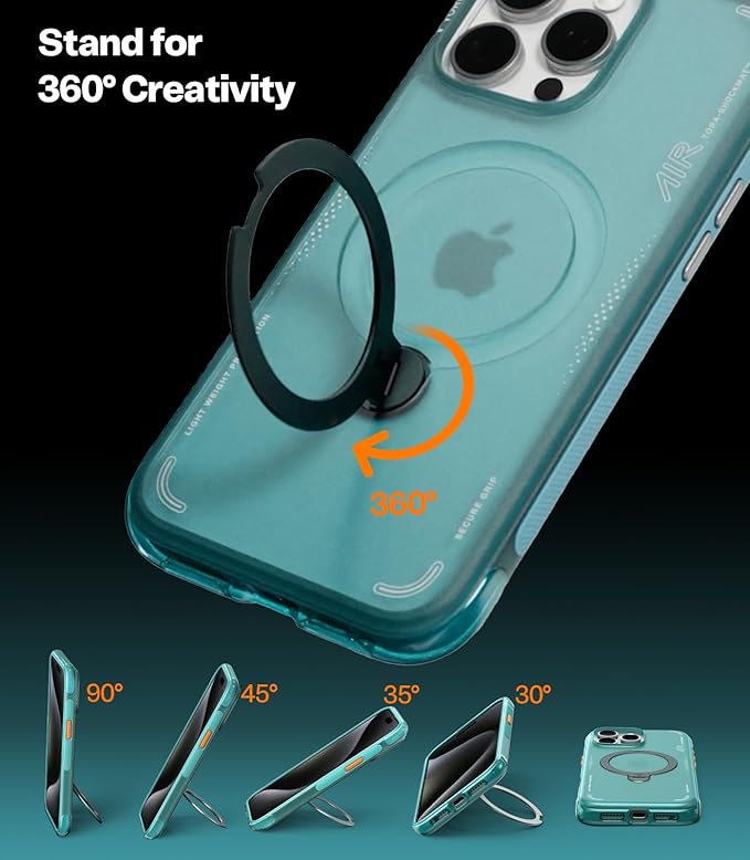 TORRAS Ostand Q3 Air for iPhone 15 Pro Case with 360 Magnetic Stand, Fit for MagSafe, Mil-Grade Drop Tested, Camera Control Button, Shockproof Phone Case for iPhone 15 Pro 6.1", Glacier Sprint