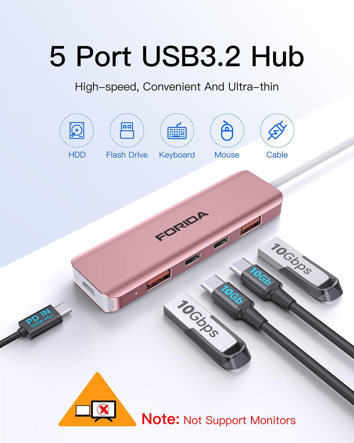 USB C Hub, 10Gbps USB 3.1 Adapter for MacBook, with 100W PD Charging, 2 USB C 3.1 10Gbps and 2 USB A 3.1 Data Ports, Compatible with Surface, XPS, Samsung, Dell and More (Rose Gold)