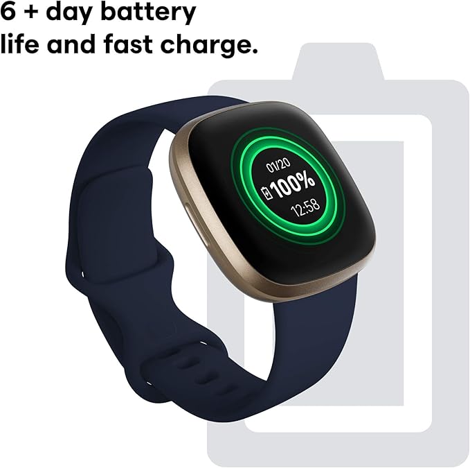 Fitbit Versa 3 Health & Fitness Smartwatch with GPS, 24/7 Heart Rate, Alexa Built-in, 6+ Days Battery, Midnight Blue/Gold, One Size (S & L Bands Included)