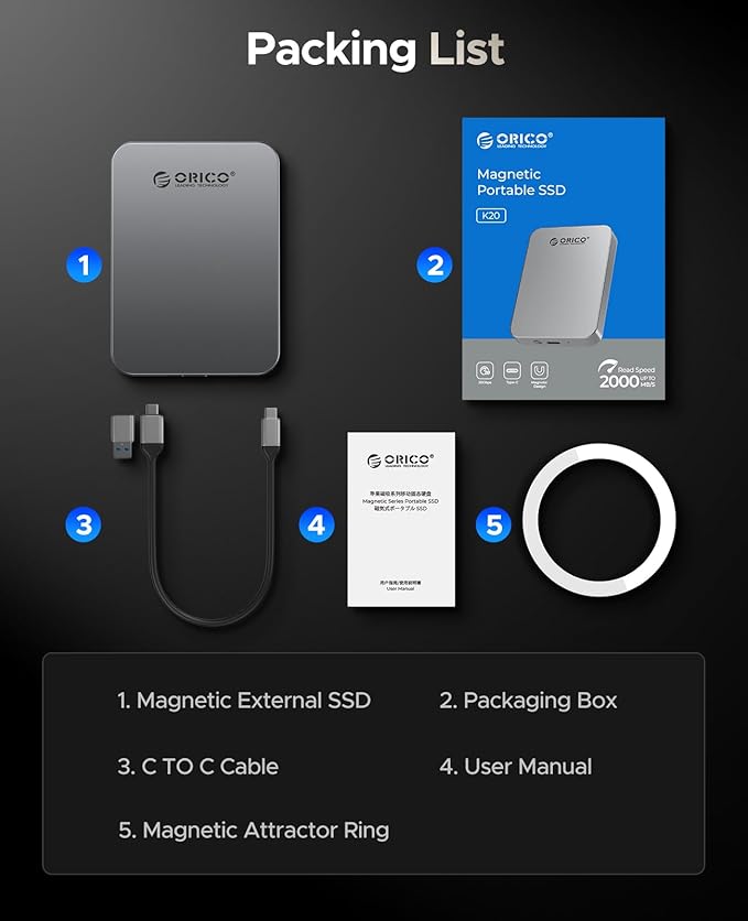 ORICO 480GB Magnetic Portable SSD, Metal Body, 4K 120 fps ProRes HDR Record and Store, Up to 460MB/s, USB C&A 2 in 1 Cable, External SSD Compatible with iPhone 16 Pro Max, Tablet, Computer - K5PLUS