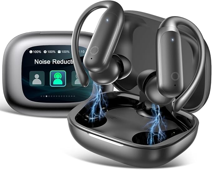 LEEMC Wireless Earbuds, Bluetooth Headphones 6.0, Ear Buds with Touch Screen, ANC ENC Noise Cancelling, 40H Bass Stereo Sound Over-Ear Earphones for iOS, Android, Sports, Workout，Charcoal