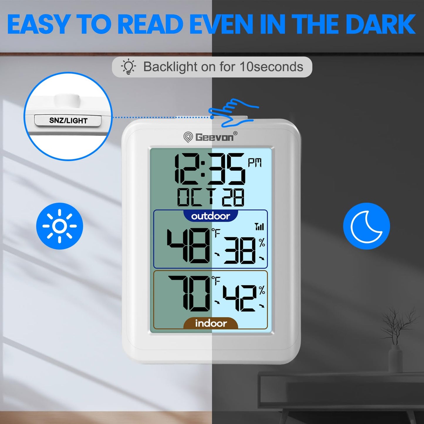 Geevon Digital Hygrometer Indoor Outdoor Thermometer Wireless with Clock, Backlight Temperature Gauge Humidity Monitor, Inside Outside Thermometer with 200ft/60m Range Remote Sensor,White