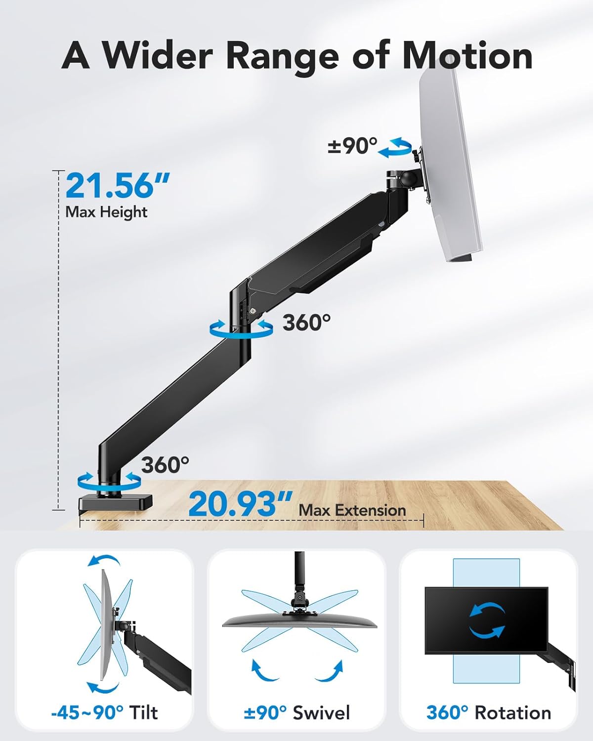 HUANUO Ultrawide Monitor Arm for 13 to 43 Inch Screens, Single Heavy Duty Monitor Arm Holds up to 33 lbs, Full Motion with Tilt Swivel Rotation, VESA 75x75mm or 100x100mm