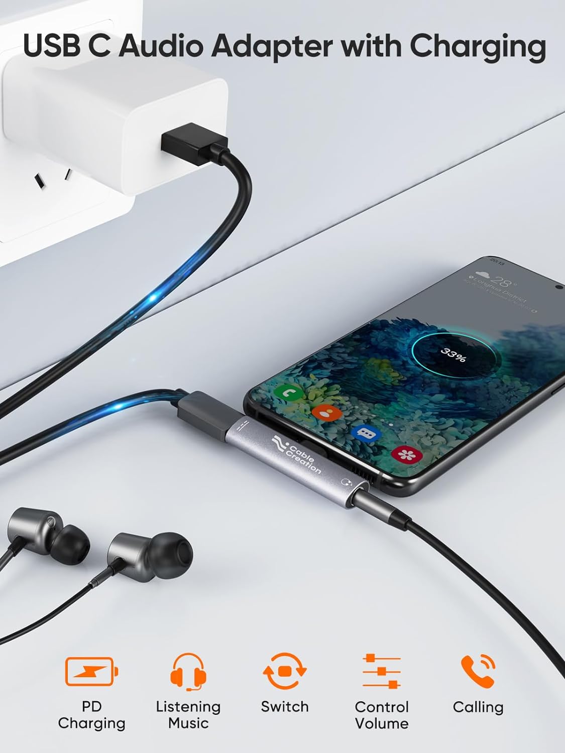 CableCreation USB C to 3.5mm Headphone and Charger Adapter, 2 in 1 Type-C to 3.5mm Audio Hi-Res with PD Fast Charge, USB C to Aux with Charging Dongle for iPhone 16 15 Pro Max, Galaxy 24+, Pixel, iPad
