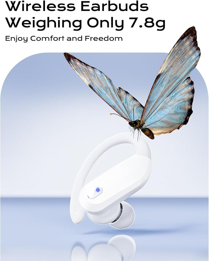 Bluetooth Earbuds with Ear Hooks, Wireless Sport Headphones with LED Display Charging Case, HiFi Stereo, Noise Cancelling, IPX7 Waterproof, in-Ear Workout Earphones with Mic-Pearly