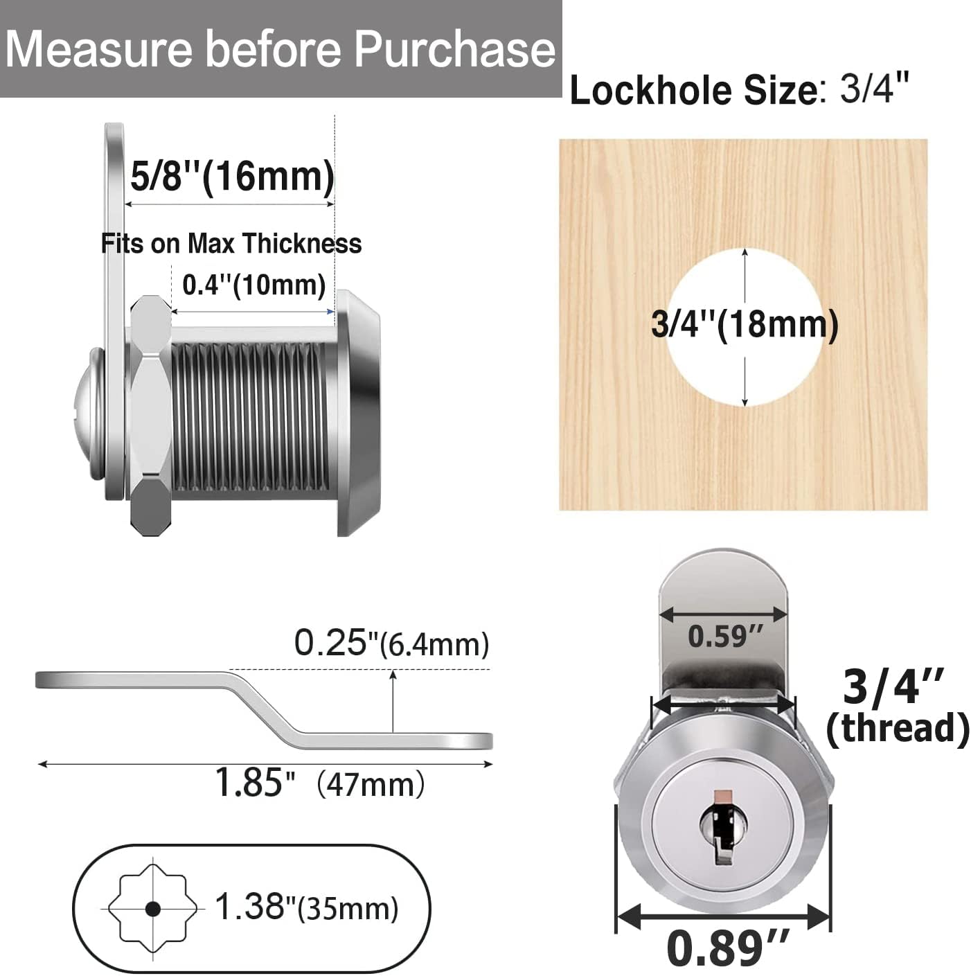 Cabinet Cam Locks Keyed Alike, 5/8'' Fits on 3/8'' Max Door Thickness, Secure File Drawer Mailbox RV Storage Replacement Set, Zinc Alloy (5/8 Inch 6Pcs)