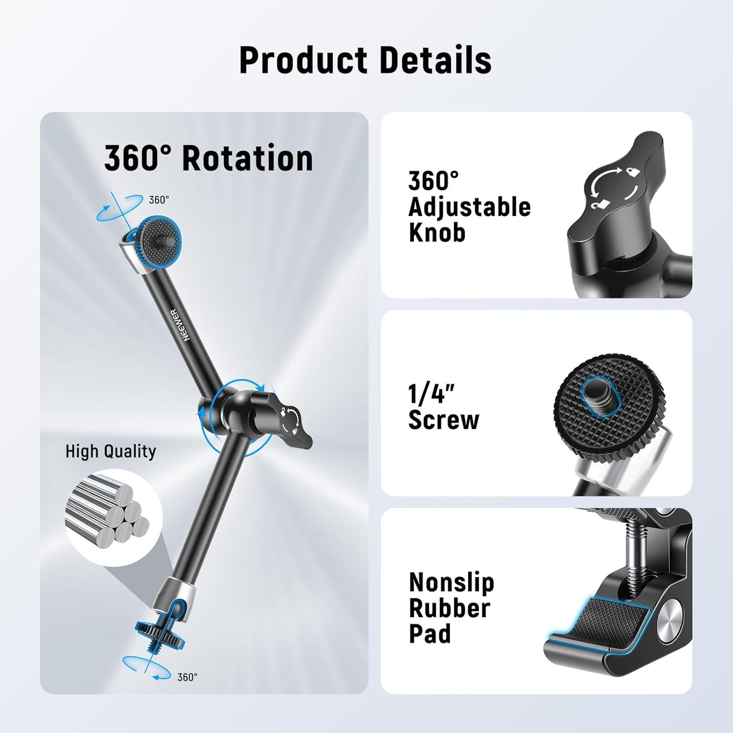 NEEWER 9.8"/25cm Adjustable Magic Arm with Super Clamp, 1/4" & 3/8" Threads, 1/4" Screws for Flash/LED Light/Microphone/Monitor, Compatible with SmallRig Camera Cage, Max Load: 4.4lb/2kg, ST25C