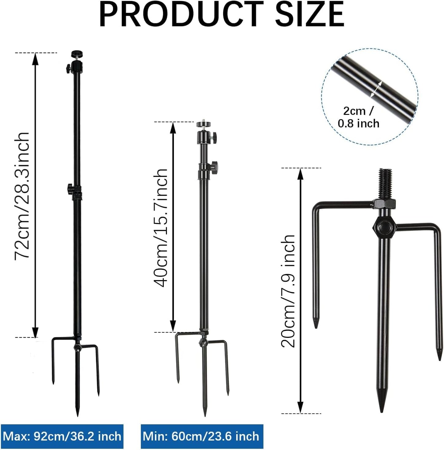 Trail Camera Mount,Height Adjustable (15.7"-28.3") & 360° Rotating Stake,Dual-Mode Base for Soft/Hard Ground Post,Game Cam Stand with 1/4"-20 Thread, Metal pole for Solar Panels,Hunting,Wildlife