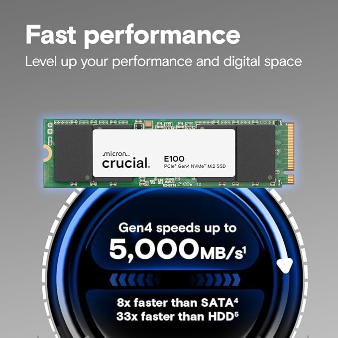 Crucial E100 2TB M.2 NVMe PCIe Gen4 Internal SSD, Up to 5,000MB/s, Laptop & Desktop Compatible - CT2000E100SSD8