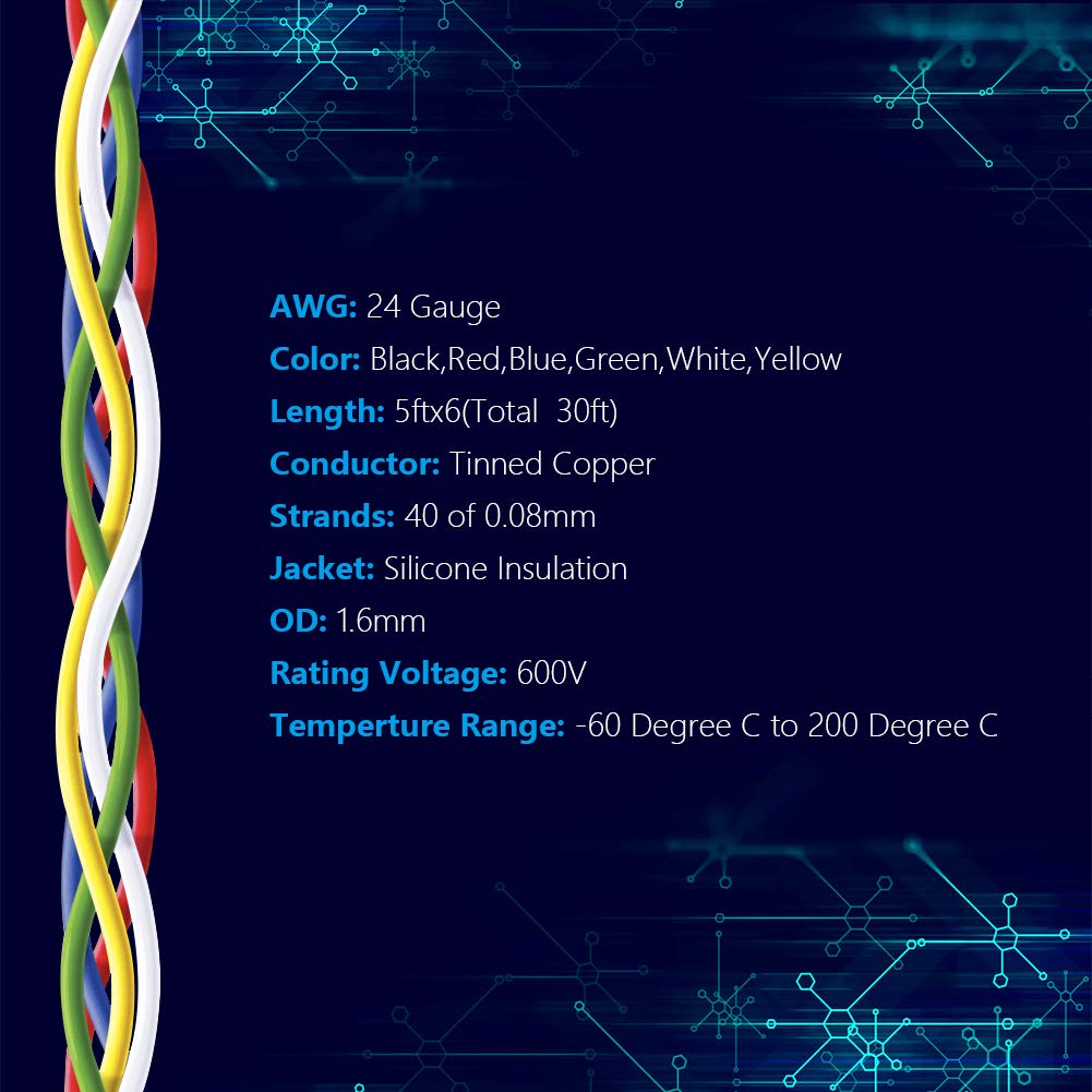 Fermerry 24 AWG Stranded Wire Spool 5ft Each 6 Colors Flexible 24 Gauge Silicone Hook up Wire Kit Electrical Tinned Copper Wire