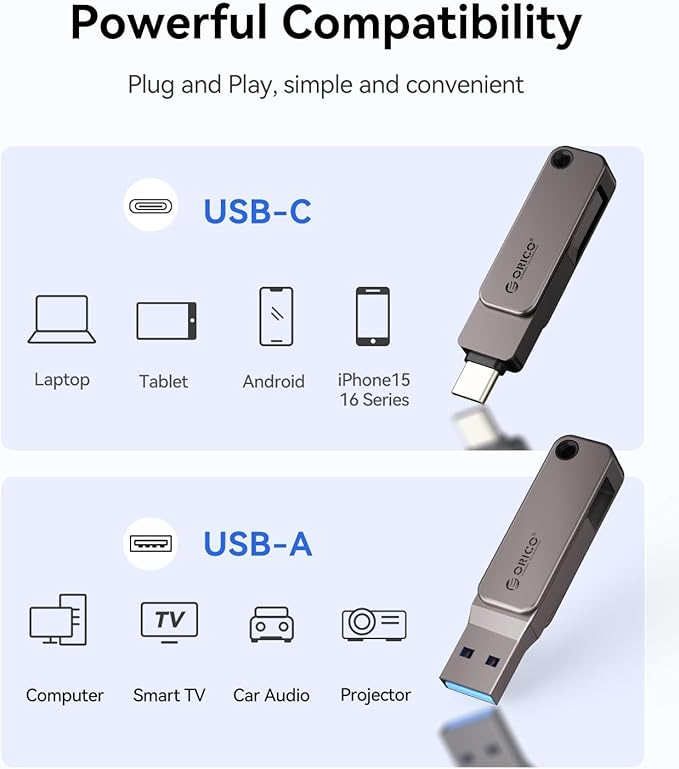 ORICO USB-Cand USB-A Flash Drive 150MB/S Metal Housing Swivel Design Support OTG Function 2 in 1 PenDrive 32GB for USB C and USB A Devices -EB05 BL