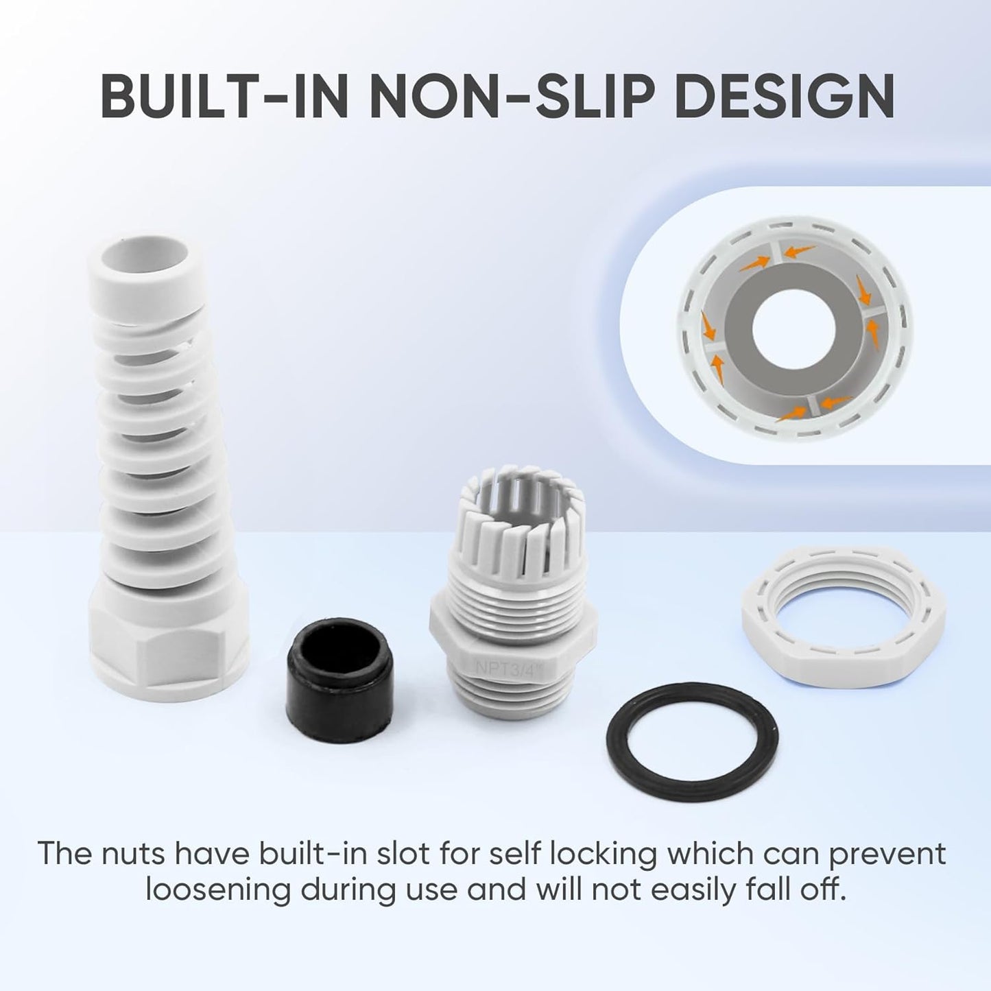 Strain Relief Cord Connector,LISTENJIALE 5Pcs NPT 3/4" Waterproof Cable Gland Flex Spiral Strain Relief Adjustable 12.5-18mm Cable Connector Nylon Joint with Gaskets(Grey)