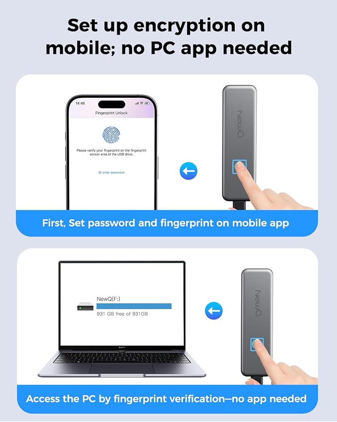 NEWQ 1TB Touch Portable SSD for USB C Device (with No-Cost APP), Backup, Encryption, Fingerprint, External SSD for iPhone 17/16/15, Android, Mac/Win, Laptop (Not for iPhones/iPad with Lightning Port)