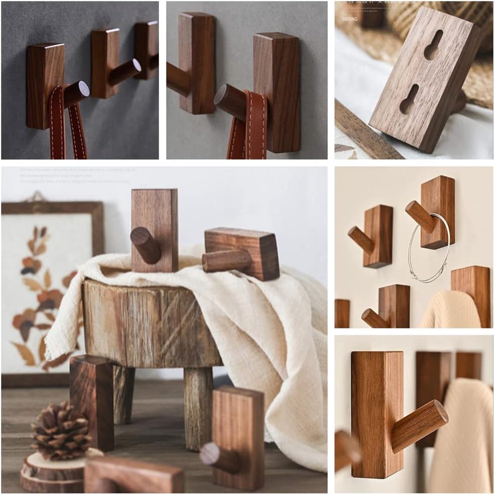 HomeDo 4Pack Adhesive Wall Hooks Hat Rack, Wooden Coat Hooks Wall Mounted, Decorative Hooks Single Organizer Hat Hanger Towel Rack, Heavy Duty Hooks (Rectangle-Walunt,4Pack)