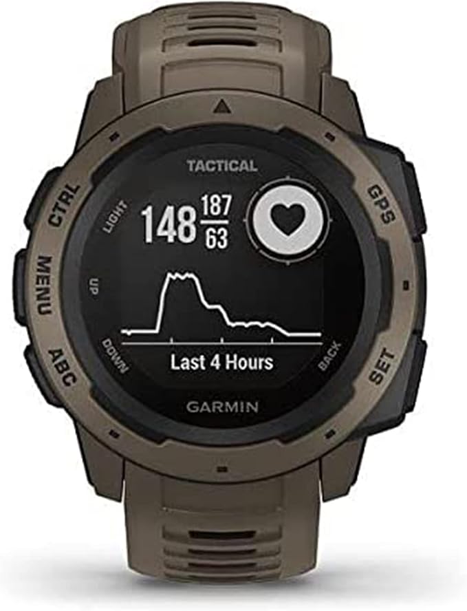 Garmin 010-02064-71 Instinct Tactical, Rugged GPS Watch, Tactical Specific Features, Constructed to U.S. Military Standard 810G for Thermal, Shock and Water Resistance, Tan