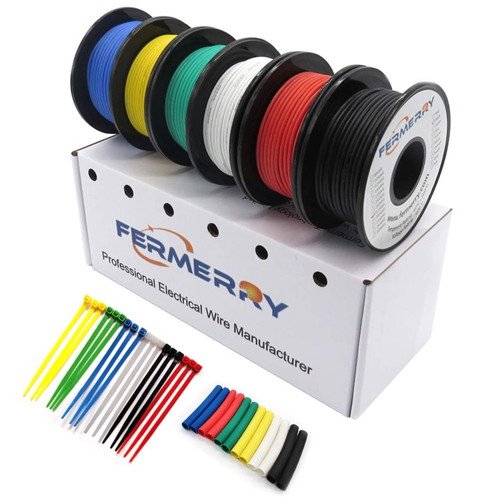 Fermerry 10 AWG Stranded Wire Spool 10ft Each 6 Colors Flexible 10 Gauge Silicone Hook up Wire Kit Electrical Tinned Copper Wire