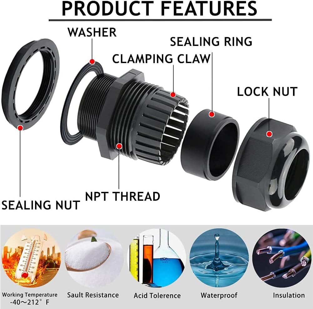 PENGLIN Cable Glands 1" NPT Nylon Cable Connector, Strain Relief Cord Connector, IP68 Waterproof Adjustable Locknut(1 Inch (20-Pack))