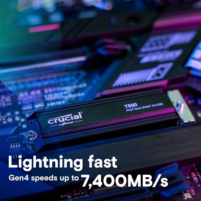 Crucial T500 1TB PCIe Gen4 NVMe Gaming PS5 SSD with Heatsink, Up to 7,300MB/s, TLC NAND, PlayStation 5 Compatible, Laptop, & Desktop (PC), Solid State Drive, Includes 1Mo Adobe CC – CT1000T500SSD5
