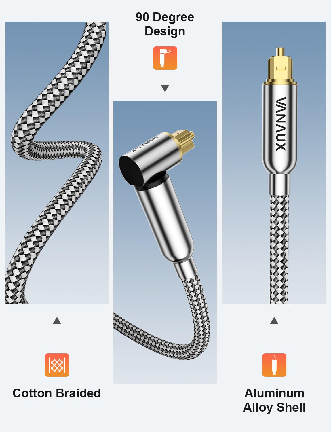 VANAUX 90-Degree Optical Audio Cable 10FT,Premium Fiber Optic Toslink Cable(24K Gold-Plated Connectors,Aluminum Alloy Shell,Braided Jacket)Ideal for Tight Spaces,Home Theater,Soundbars,Gaming Consoles