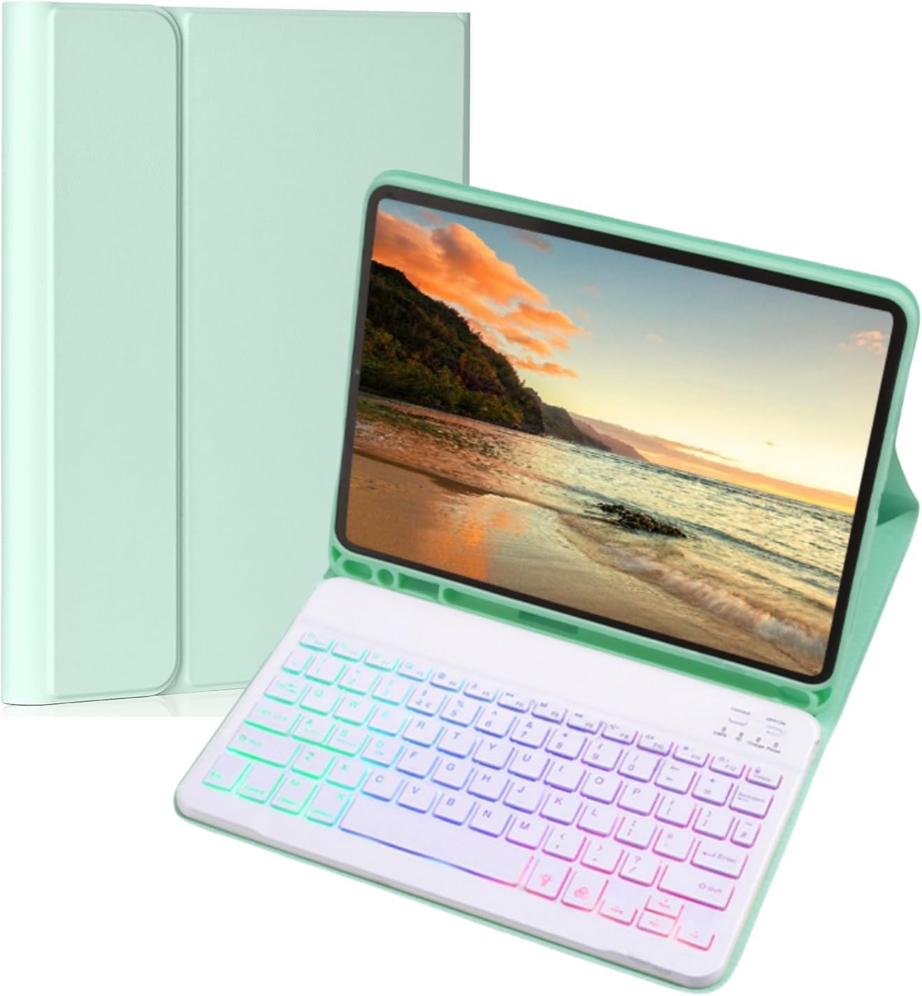 Keyboard Case for Galaxy Tab A9+/A9 Plus 11 Inch 2023, Slim Lightweight 7 Color Rainbow Backlight Detachable Magnetic Bluetooth Keyboard Cover with S Pen Holder,Mint Green