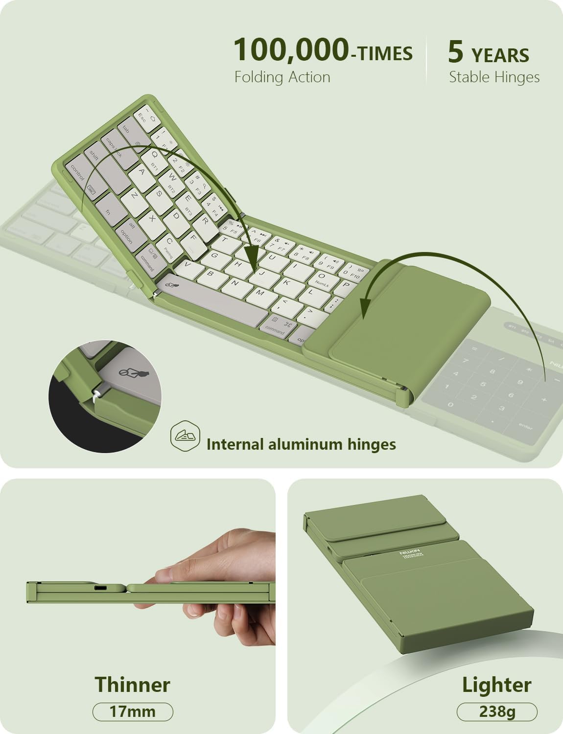 Nillkin Foldable Bluetooth Keyboard with Touchpad & Number Pad, Portable Bluetooth Keyboard with Full Size Keys, Pocket-Sized Wireless Travel Keyboards for iPad, Smartphone, Tablet and Laptop Green
