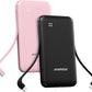 Alongza Portable Charger Built-in Cables and AC Wall Plug, Slim Fast Charging Power Bank 10000mAh, Lightweight USB C External Battery Pack Compact Travel Cell Phone Charger, 2 Pack Black & Pink