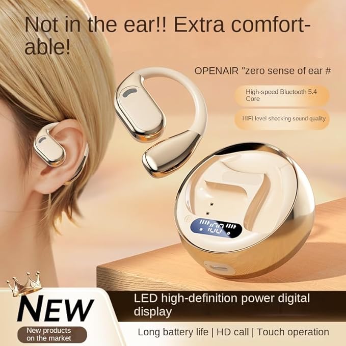 Open Ear Earbuds Wireless Earbuds Bluetooth 5.4, LED Display Bluetooth Earphone for Workout/Running, AI Noise Reduction Touch Controls, 72hr Playtime,Waterproof(Gold)