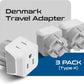 Ceptics Denmark Travel Adapter Plug with Dual Usa Input - Power - Type K (3 Pack) - Ultra Compact - Safe Grounded Perfect for Cell Phones, Laptops, Camera Chargers and More (CT-20)