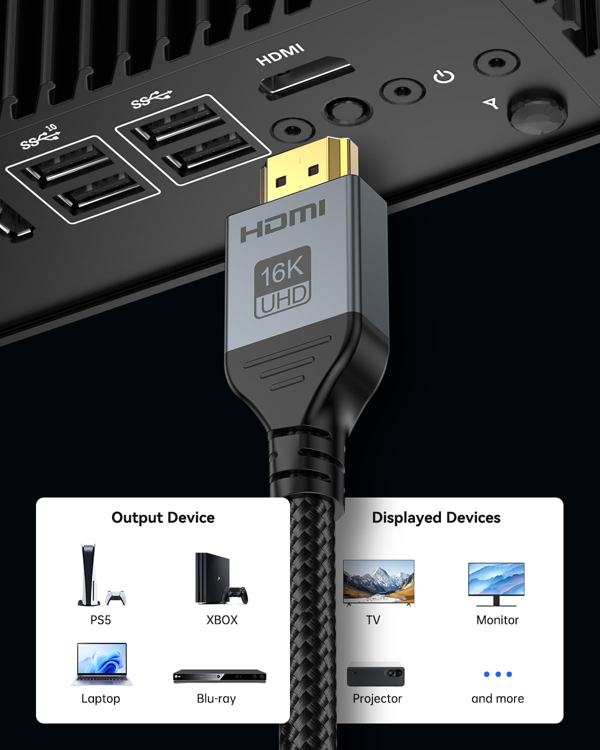 16K 8K HDMI Cable 96Gbps 10 FT, Ultra High Speed HDMI 2.2 Cable 16K@60Hz 8K@120Hz 4K@480Hz HDCP 2.2&2.3, Dynamic HDR, eARC,DTS:X, Compatible with Roku TV/HDTV/PS5/Blu-ray/Projector