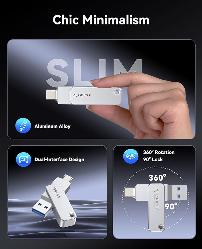 ORICO 128GB USB Flash Drive Read Speed Up to150MB/s Dual USB-C & USB-A Mini Thumb Drive for iPhone 15/16/17, Android, Tablets, Laptops, Mac, Windows Plug and Play-EB05